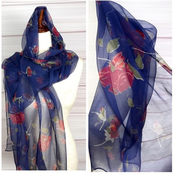 Silk Chiffon Blue with Floral Roses Print Lightweight scarf - Picture 1 of 13